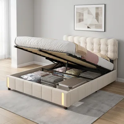Productafbeelding van INONEFT Opbergbed, gestoffeerd bed 140x190 cm met LED, boxspringbed met bedopslag, tweepersoonsbedframe met lattenbodem/opbergruimte, jeugdbed, fluweel, beige