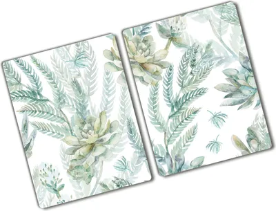Produktbild von Tulup Glas Herdabdeckplatte - 2x40x52 cm - Glaskeramikkochfeld-Abdeckung Spritzschutz Glasabdeckplatte Kochplattenabdeckung und Schneidebrett - Zweiteilig - Blumen & Pflanzen - Blumen und Blätter - Grün