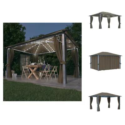 Obrázok produktu pre vidaXL Pavilón so závesmi a LED rozprávkovými svetlami 400x300 cm Taupe hliník - Pavilóny a párty stany