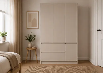 Produktbild von Kleiderschrank 4-türig Schrank Garderobe Schlafzimmer Drehtürenschrank mit Schubladen, Einlegeböden und Kleiderstange - LOSKO 4T2S - Kaschmir, KI-generiertes Bild