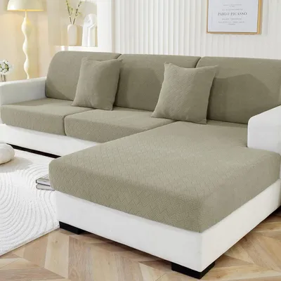 Produktbild von Stretch Sofa Sitzkissenbezug Khaki 1 Sitzer*3+Chaiselongue rutschfest elastisch