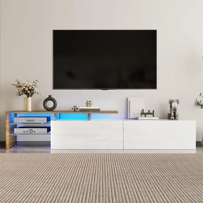 Produktbild von TV-Schrank mit LED-Beleuchtung TV-Tisch TV-Ständer Holzoptik Glasböden TV-Schranktisch Weiß+Holz