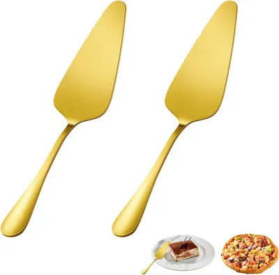Imagen del producto de Juego de dos utensilios de acero inoxidable para pasteles, color dorado, ideal para pizza, pasteles y lasaña