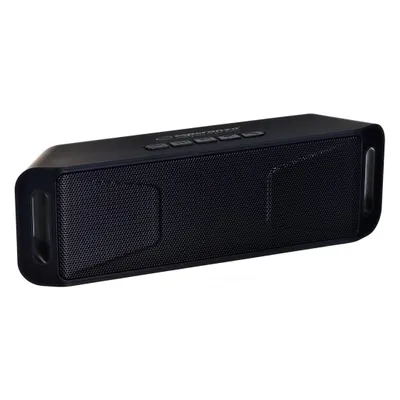 A black portable Bluetooth speaker shown from a slight diagonal angle against a white background.