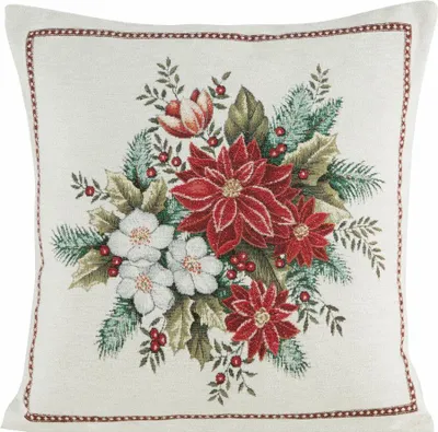 Produktbild von EUROFIRANY | Weihnachtskissenbezug - Dekokissenbezug - 45 x 45 cm - Beige Rot - Weihnachtskissenhülle - Blumen