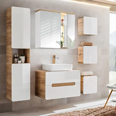 Produktbild von Badezimmer Set mit Keramik-Waschtisch LUTON-56 Hochglanz weiß, Wotan Eiche Nb., B/H/T ca. 180/195/46 cm