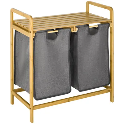 Produktbild von Wäschesammler Wäschekorb, 2 Wäschesäcke, 2 Griffe, Bambus, 63,5 x 33 x 73 cm, Grau + Natur