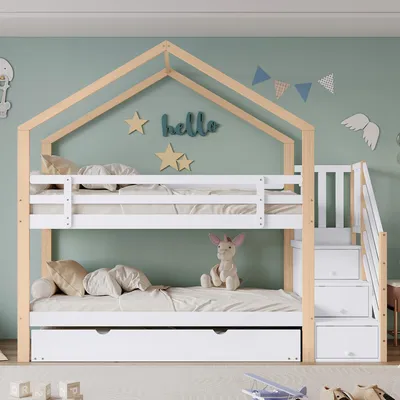 A children's bunk bed with a house-shaped frame, decorated with stars and a "hello" sign on the wall.