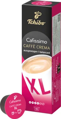 A box of Tchibo Cafissimo coffee capsules with a single capsule in the foreground.