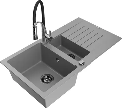 Produktbild von Mexen Matias 1,5-Becken-Granitspüle mit Abtropffläche und Mischbatterie Aster, Grau - 6502-71-73450-07-B