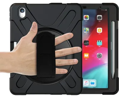 Produktbild von Mobigear SureGrip XGuard Hülle für iPad Air 11 Zoll (2026) – Kunststoff, Silikon, Rückseite mit Stifthalter, Schultergurt und Ständer – Schwarz