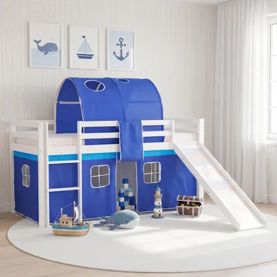 Produktbild von Homestyle4u Hochbett 90x200 mit Rutsche Set mit Matratze ® Standard 100 Lattenrost Vorhang Tunnel Blau Junge Kinderbett Weiß Holz Kiefer Massiv Jugendbett Spielbett