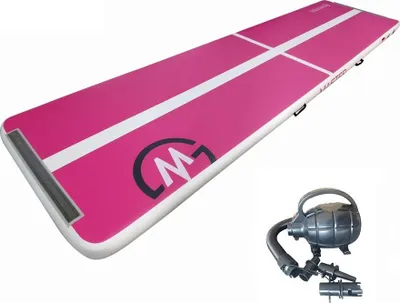 A pink inflatable air track mat with white stripes and a logo, shown with an air pump.