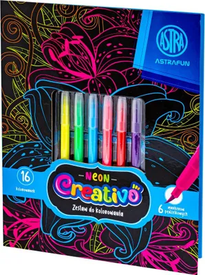 Zdjęcie produktu dla Zestaw do kolorowania Flowers Neon 16 kolorowanek i 6 markerów Creativo Astra