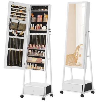 Produktbild von Standspiegel, Schmuckschrank, Ganzkörperspiegel, Spiegelschrank, abschließbar, mit Schublade, Rollen, Geschenkidee, weiß