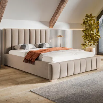 Produktbild von MOTIVENA Vigo Polsterbett 160x200 mit Bettkasten, Holz Lattenrost, Bett 160x200 Beige Samt (Jasmine 24)