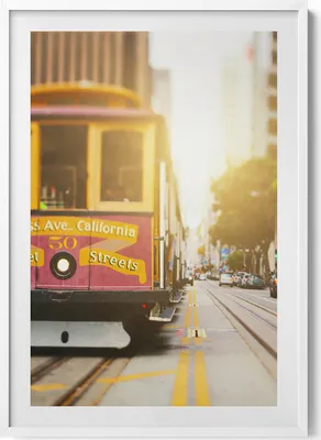 Produktbild von Straßenbahn in San Francisco– Wandbild mit Rahmen – Gerahmtes Bild  – Wanddekoration – 70x100 cm –  Weiß Rahmen