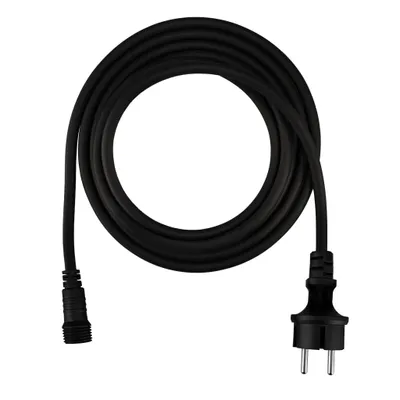A black power cord coiled on a white background.