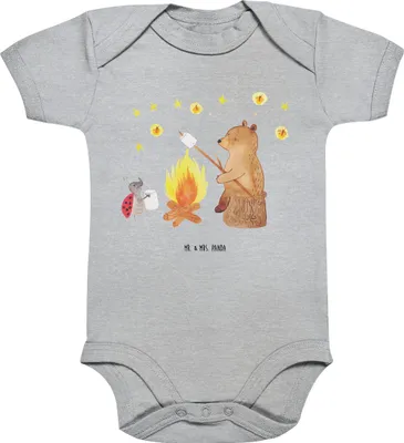 Produktbild von Mr. & Mrs. Panda Strampler Baby Bär & Marienkäfer Lagerfeuer 1. - 3. Monat - Heather Grey - Geschenk, babykleidung body, Babybody, Teddy, Babystrampler, Einteiler
