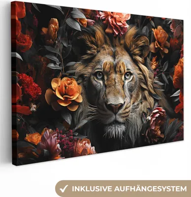 Produktbild von MuchoWow® - Leinwandbilder - Löwe - Tier - Natur - Floral - Botanisch, Wandbild, Wanddeko Bilder Wohnzimmer, 90x60 cm