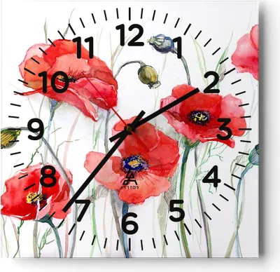 Produktbild von Wanduhr - Quadrat - Glasuhr - Blume Mohn Wiese - 40x40cm - Schleichendes Uhrwerk - Lautlos - zum Aufhängen bereit - Dekoration Modern - Wanddekoration aus Glas - C4AC40x40-3584