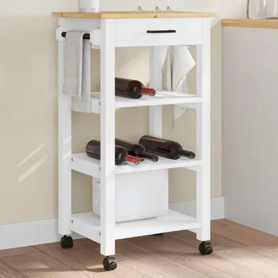 Produktbild von Küchenwagen aus massivem Kiefernholz, 48x40x88,5 cm, mit Schublade und 3 Ablagen, 4 Rollen, davon 2 feststellbar, im Vintage-Design vielseitig einsetzbar