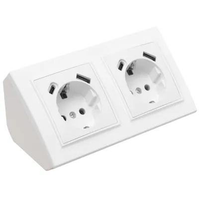 Produktbild von Ecksteckdose 2-fach Steckdose mit USB und USB-C Steckdosenblock 45° Verteilerdose weiß.