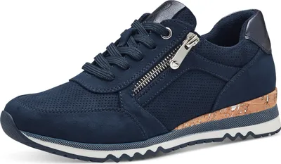 A single blue sneaker with a cork-like sole and a zipper detail.