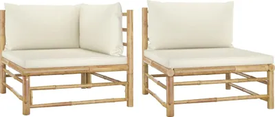 Produktbild von 2-tlg. Garten-Lounge-Set mit Kissen Cremeweiß Bambus