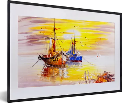 Produktbild von MuchoWow® Gerahmtes Poster Malerei - Boot - Wasser - Ölfarbe 60x40 cm - Poster mit Schwarzem Bilderrahmen Wandposter Rahmen Foto Bilder - Schlafzimmer - Plakat in Rahmen - Drucken