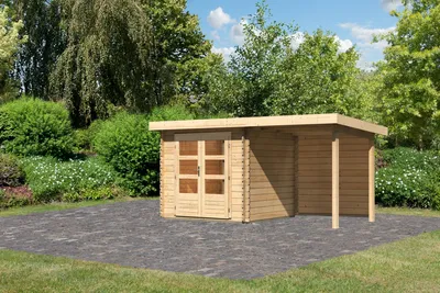 Produktbild von Blockbohlenhaus Bastrup 2 naturbelassen im Set mit Anbaudach 2 m breit, 28 mm Rückwand