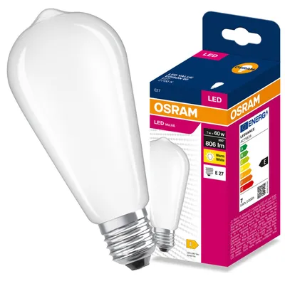 Obrázok produktu pre LED žiarovka E27, tvar žiarovky: žiarovka, 7W = 60W, 806 lúmenov, 2700K (teplá biela), 300° uhol vyžarovania, séria VALUE, výrobca Osram, Obrázok generovaný UI