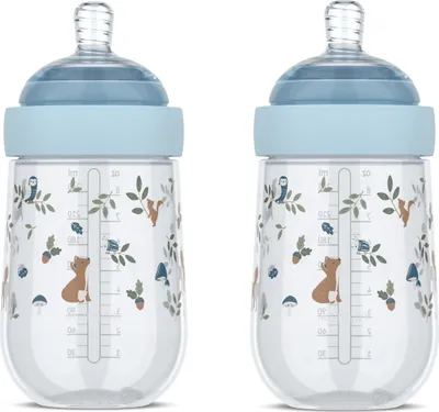 Produktbild von Mepal - Babyflasche Mio - 2 Teiliger Set - Transparente Kappe zur Aufbewahrung - Anti-Kolik Babyflaschen - Spiralförmiges Design verhindert Verstopfungen - 480 ml - Forest Friends