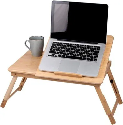 Productafbeelding van Famanu verstelbare laptoptafel - 215 x 275 cm - met bekerhouder en tabletgleuf - bamboe