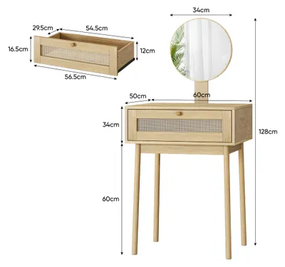 Zdjęcie produktu dla Toaletka z rattanu 60 x 50 x 128 cm z lustrem i szufladami, styl boho, dąb, bez krzesła