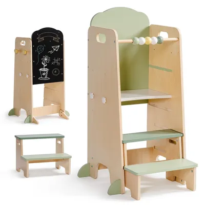 Produktbild von ROBUD Montessori Lernturm aus Holz für Kinder, 2-in-1 mit Kreidetafel