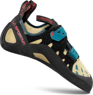 Klett-Kletterschuh "Tarantula Woman" von La Sportiva; schwarz mit blauen und beigen Akzenten; ideal für Kletterer.