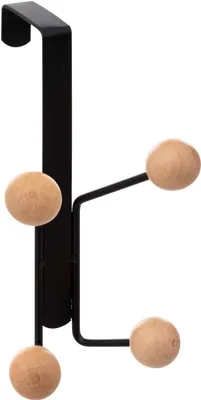 A black over-the-door hook with four wooden knobs.