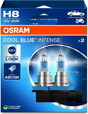 The image shows the packaging for OSRAM COOL BLUE INTENSE H8 headlight bulbs.