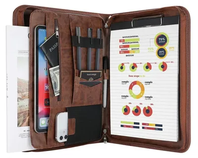 Obrázok produktu pre Kancelárska priečinok A4, konferenčná priečinok, portfólio, priečinok na dokumenty, hnedá, umelá koža, so zipsom a priehradkou na tablet