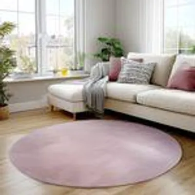 A round pink rug in a living room with a sofa and plants.