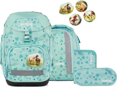A set of school supplies including a backpack, pencil case, and other accessories, all featuring a horse theme and a teal and blue color scheme.