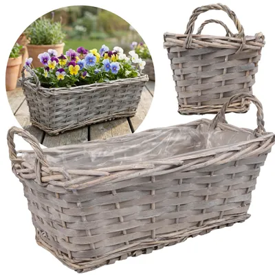 Produktbild von Grauer Weidenkorb mit Folie, Korbhülle für Blumentopf, Blumenkasten 35x17x14 cm