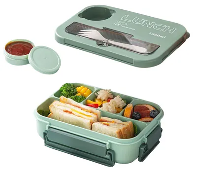 Produktbild von Bento-Box mit 4 Fächern, auslaufsichere 1200-ml-Lunchbox mit Löffel und Gabel, bruchsichere Lunchbox für Büro, Schule, Picknick, spülmaschinen- und mikrowellengeeignet (grün)