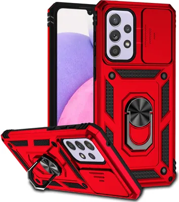 Image de Étui pour Samsung Galaxy A33 5G étui double couche avec couvercle coulissant pour appareil photo et anneau de support rouge