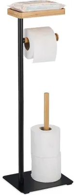 Produktbild von Famanu Toilettenpapierhalter mit Ablage und Platz für Reserverollen, Eisen und Bambus, schwarz/natur