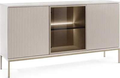 A modern sideboard with fluted doors and a glass-fronted cabinet section.
