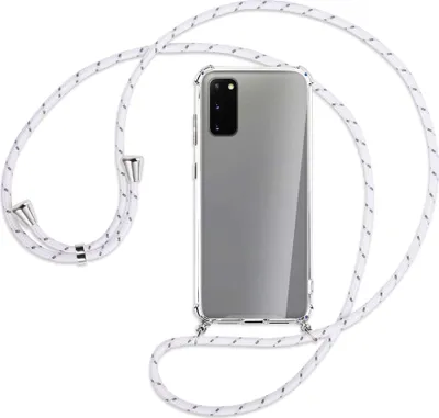 Produktbild von Handykette Backcover-Schutzhülle mit Band (Metall silberfarben) für Samsung Galaxy S20 (G980) - weiß/grau