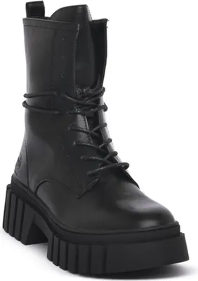 A black lace-up boot with a thick sole.