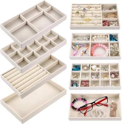 Produktbild von PolkaHome® 4er Set Schmuckaufbewahrung Schubladen-Organizer, Stapelbare Schmuckkästchen mit verstellbaren Trennwänden für Ringe,